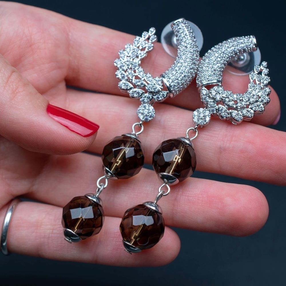Chandelier earrings for bride, wedding day large smoky quartz crystal earrings